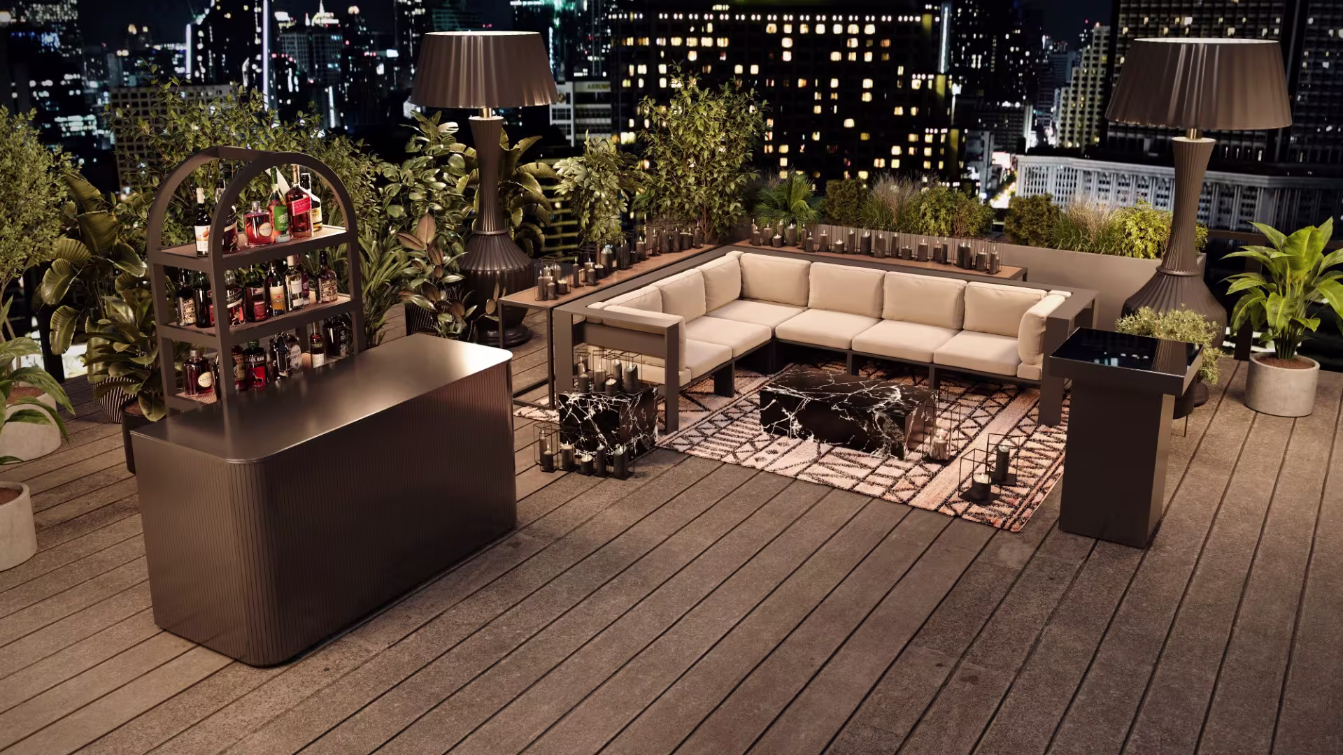 Big Dawg Party Rentals Gallery displaying a rooftop lounge event with sectional seating, bar setup, and NYC skyline