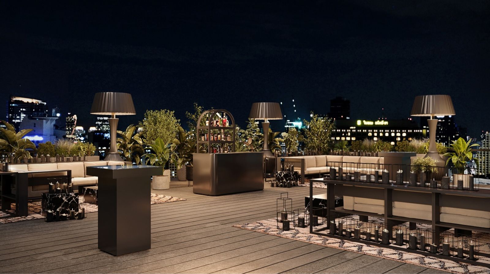 Rooftop event lounge in NYC with seating and city views