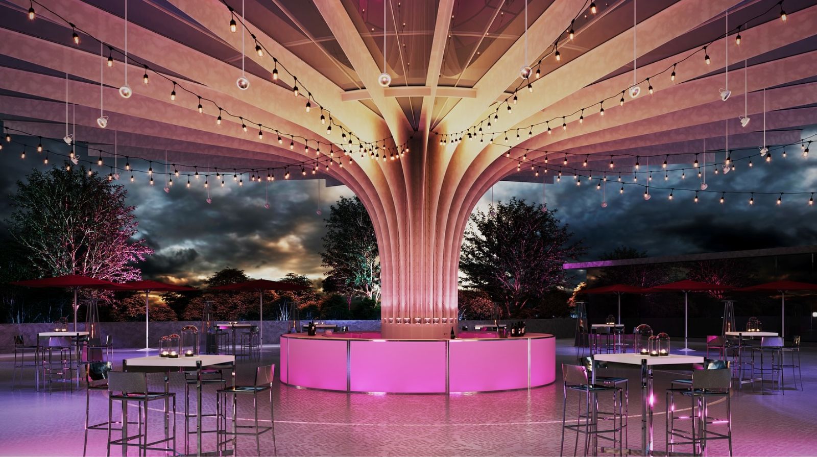 Modern outdoor event setup in NYC with decorative lighting