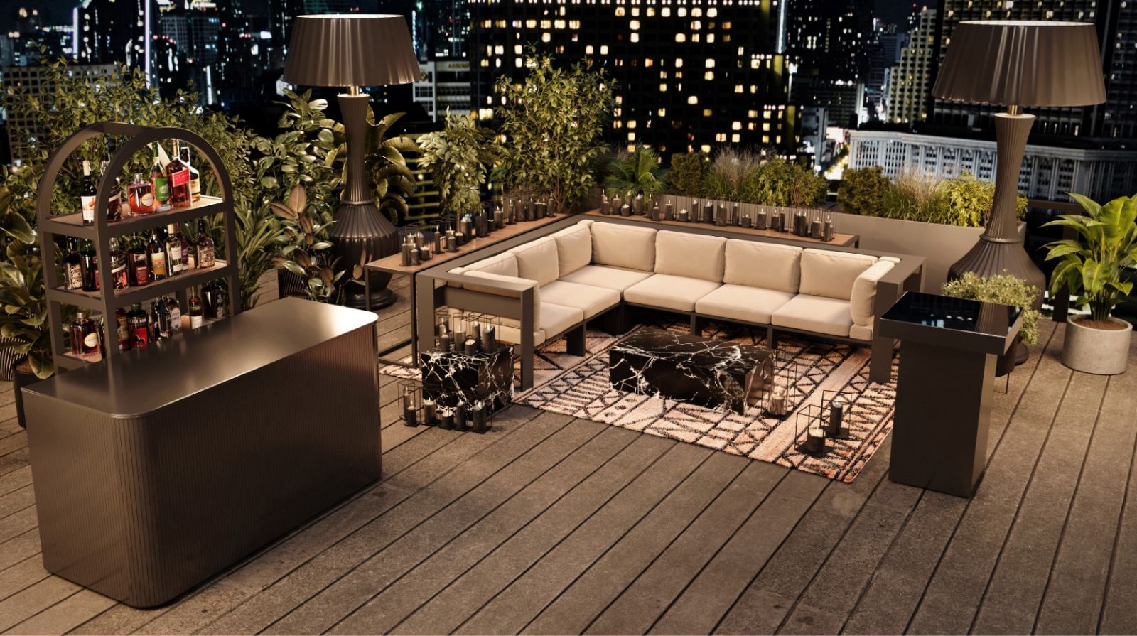 Rooftop lounge setup in NYC with bar furniture and seating