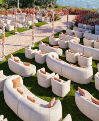 Big Dawg Party Rentals outdoor event setup with curved lounge seating and elegant aisle design in New York City